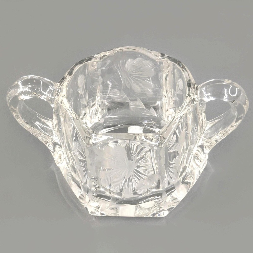 Vintage Clear Etched Glass Sugar Bowl Hexagonal Base Floral Sunburst Design